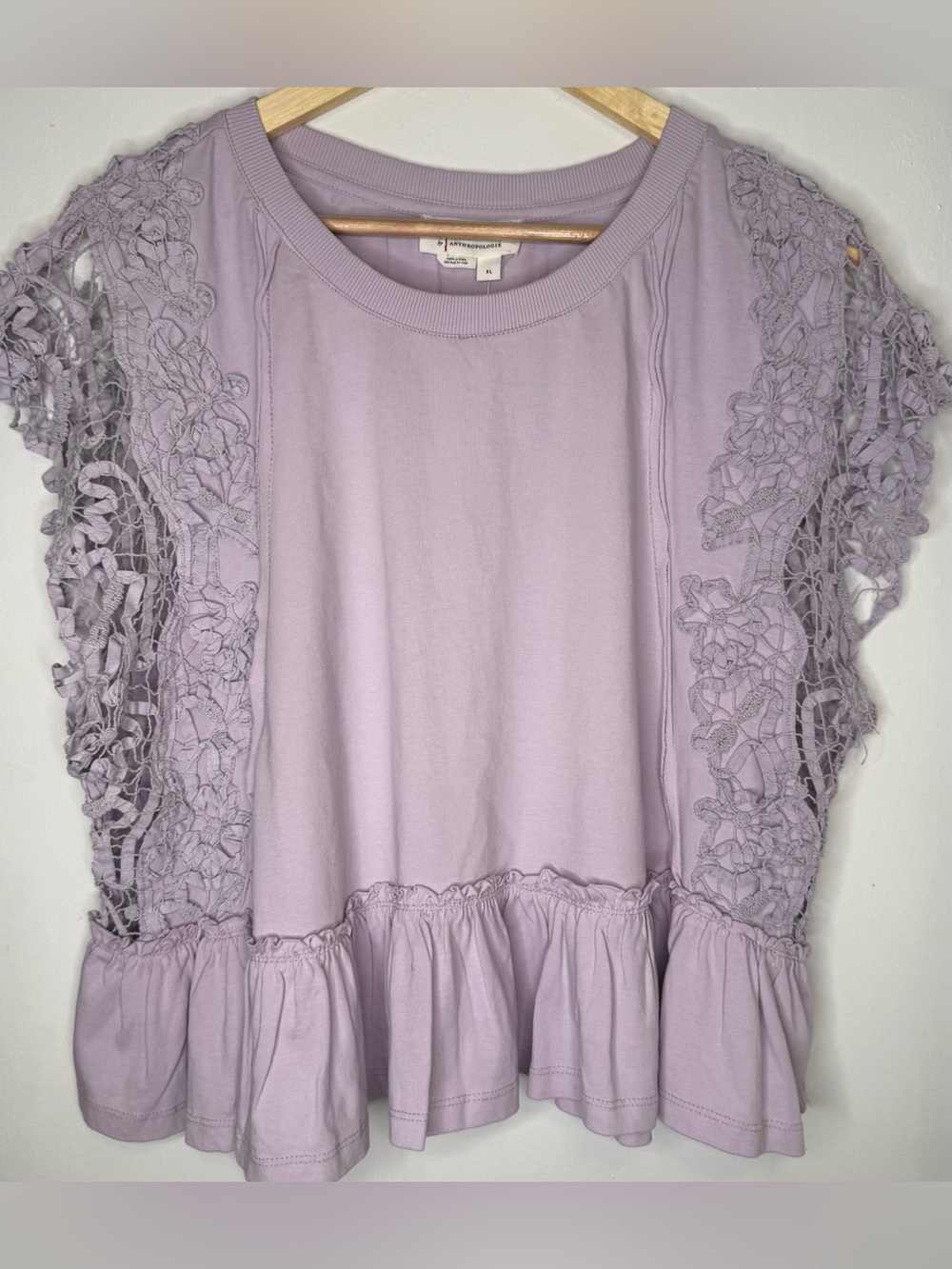 Anthropologie XL Lavender Lace Ruffle Top NWT Boho Romantic Blouse
